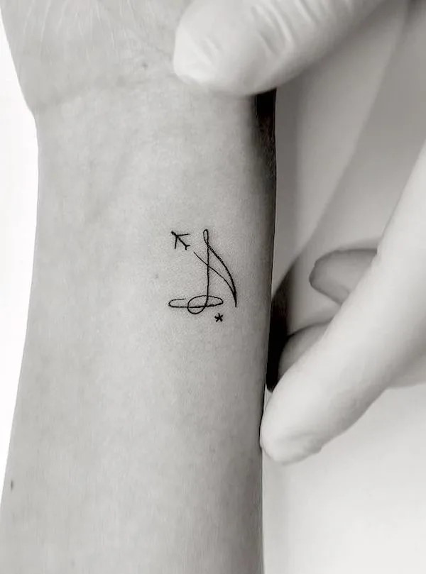 Music Note And Plans Together in Tattoo